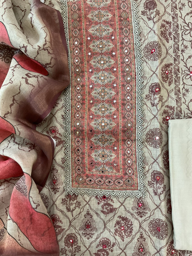 Image of Soft Tissue Slub Cotton Printed Embroidered Suit - Beige