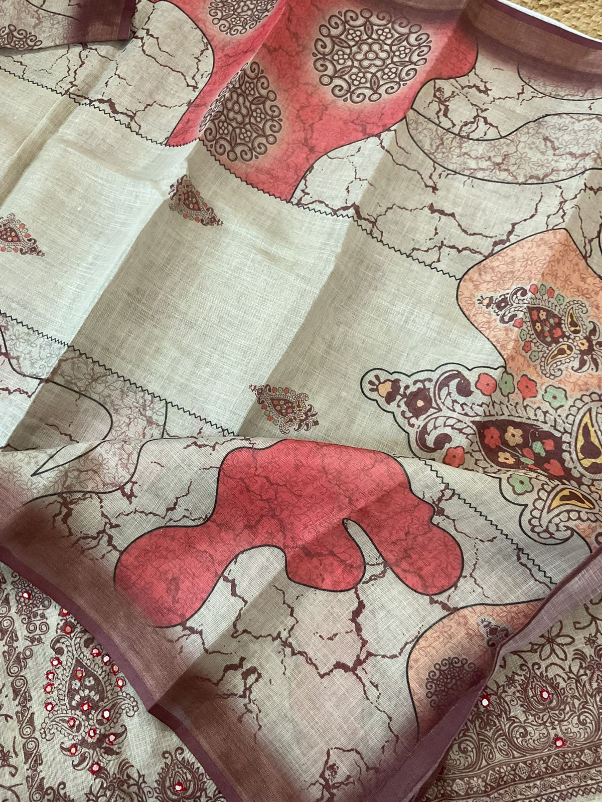 Soft Tissue Slub Cotton Printed Embroidered Suit - Beige