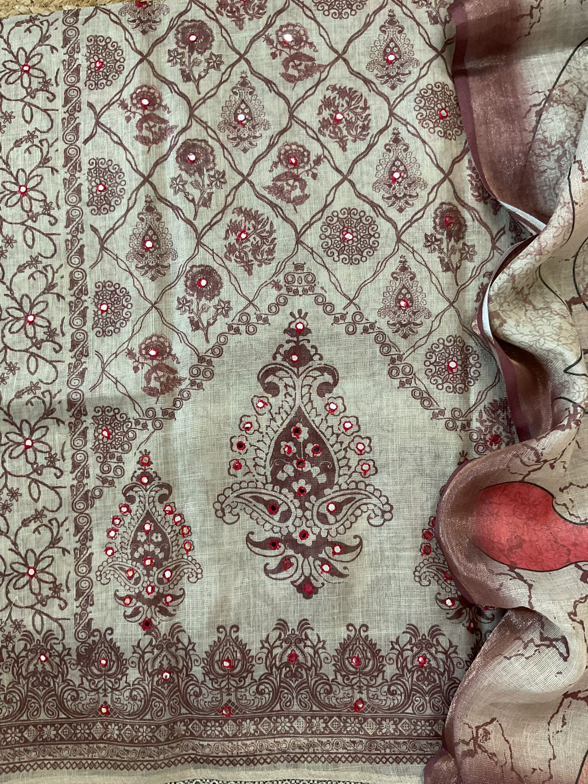 Soft Tissue Slub Cotton Printed Embroidered Suit - Beige