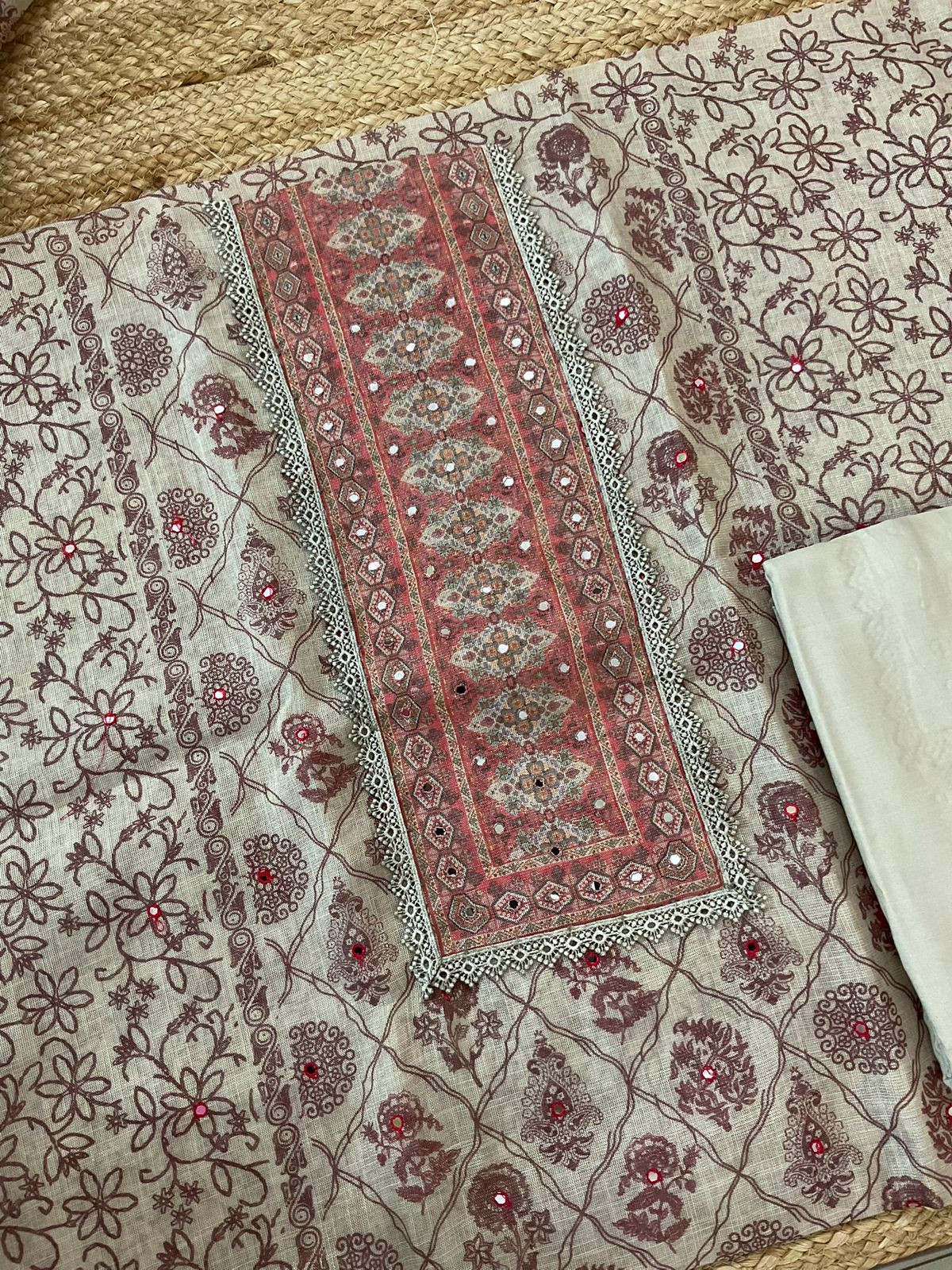 Soft Tissue Slub Cotton Printed Embroidered Suit - Beige