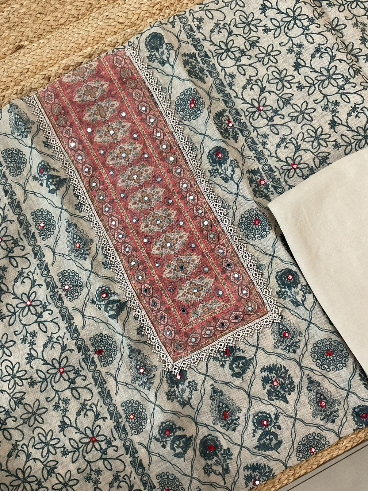 Soft Tissue Slub Cotton Printed Embroidered Suit - Beige