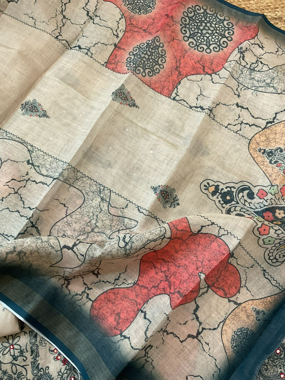 Soft Tissue Slub Cotton Printed Embroidered Suit - Beige