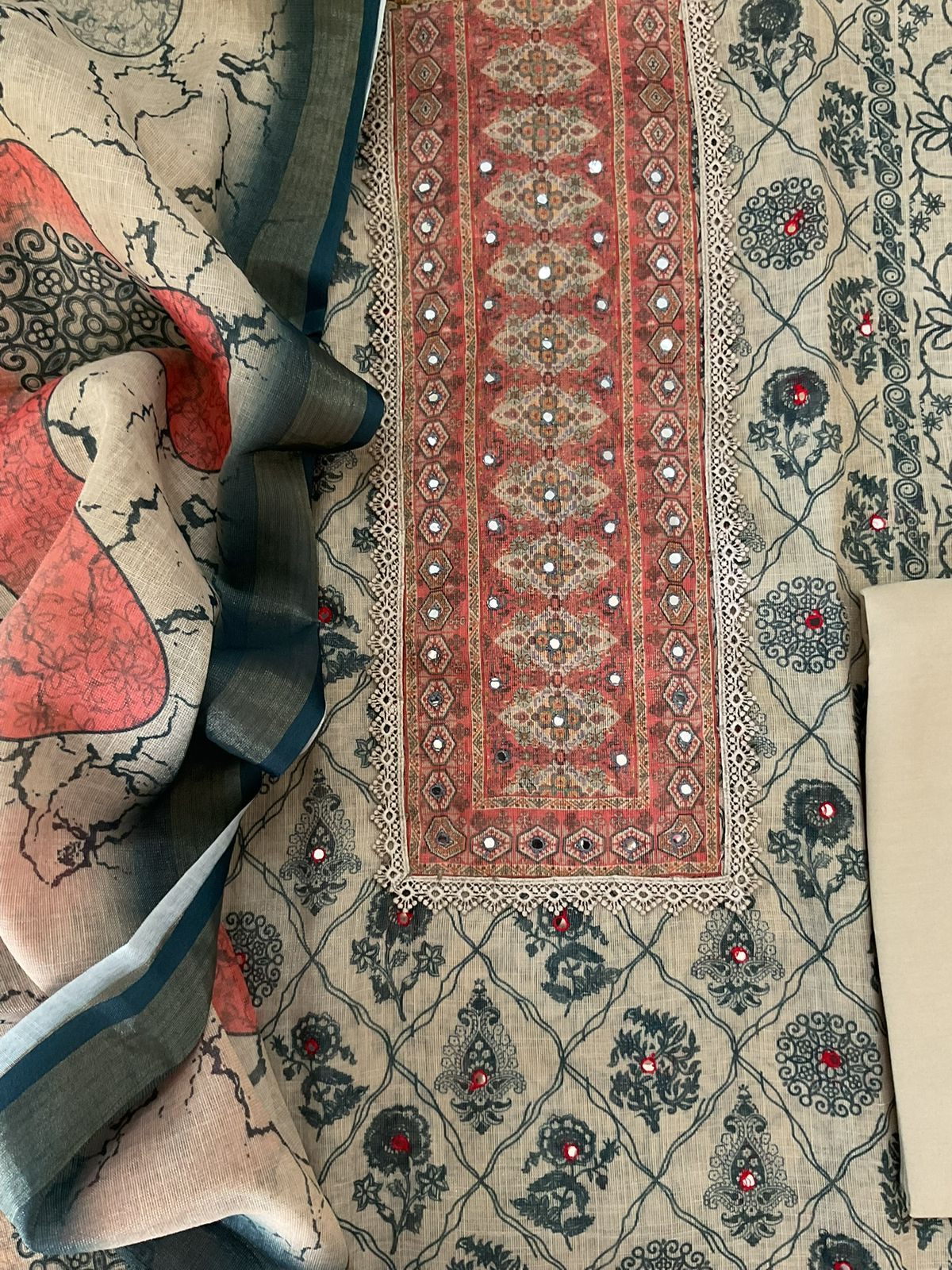 Soft Tissue Slub Cotton Printed Embroidered Suit - Beige