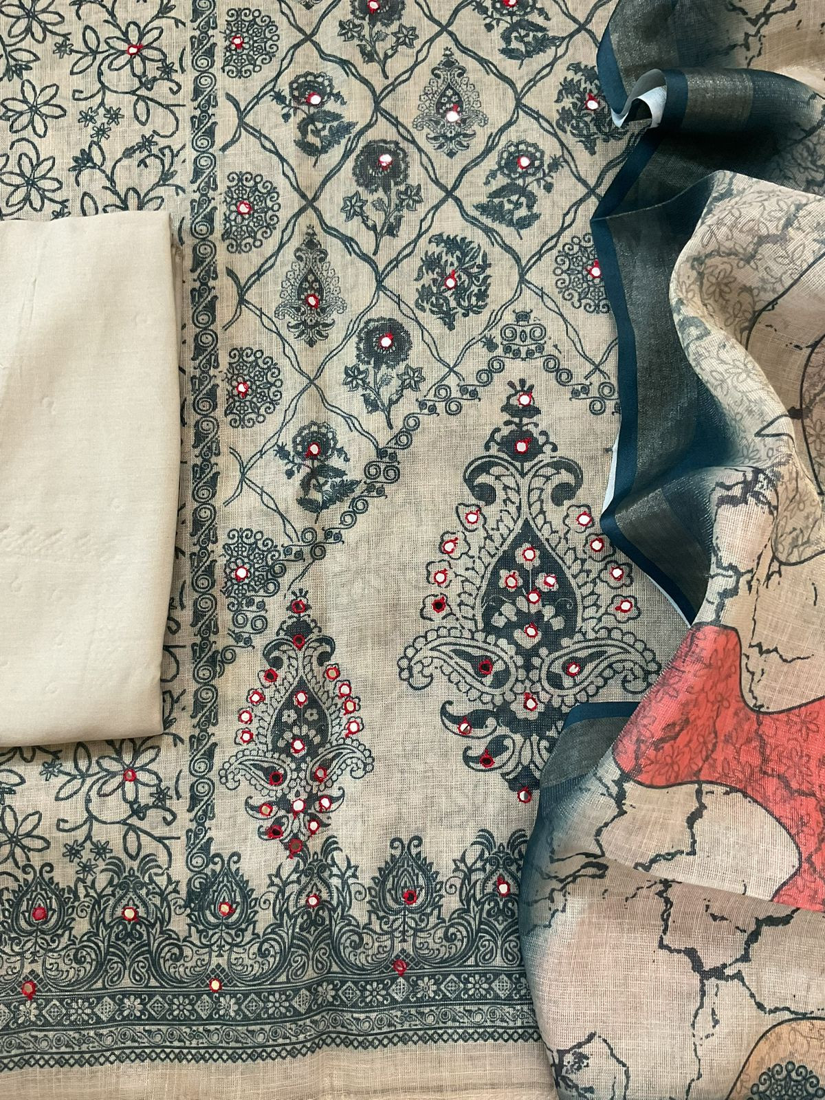 Soft Tissue Slub Cotton Printed Embroidered Suit - Beige