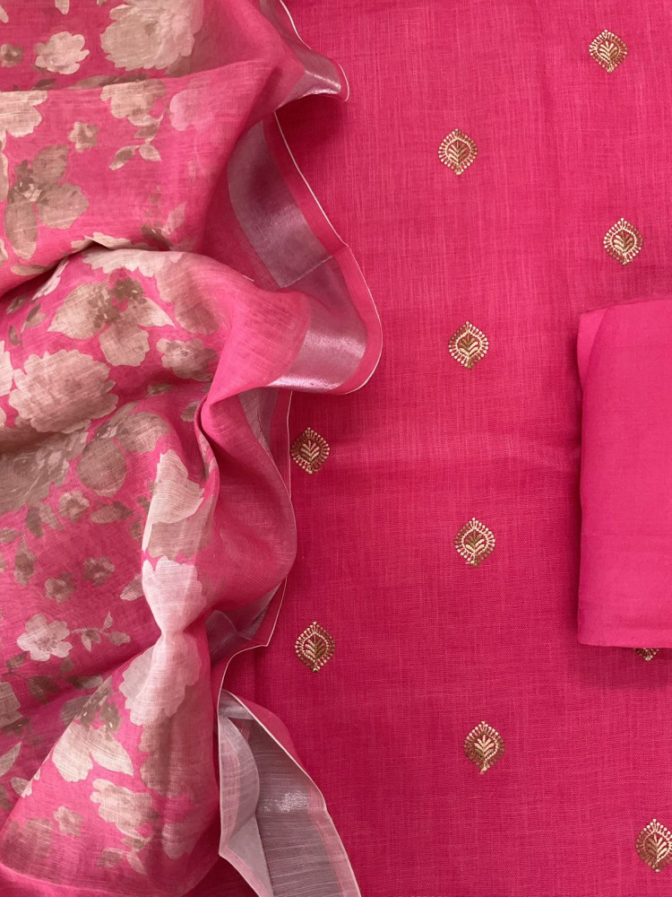 Image of Soft Linen Jute Cotton Printed Embroidered Suit - Pink