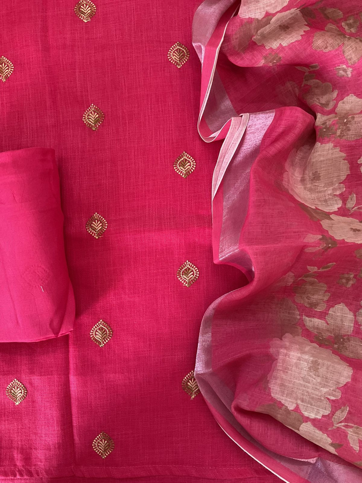 Soft Linen Jute Cotton Printed Embroidered Suit - Pink
