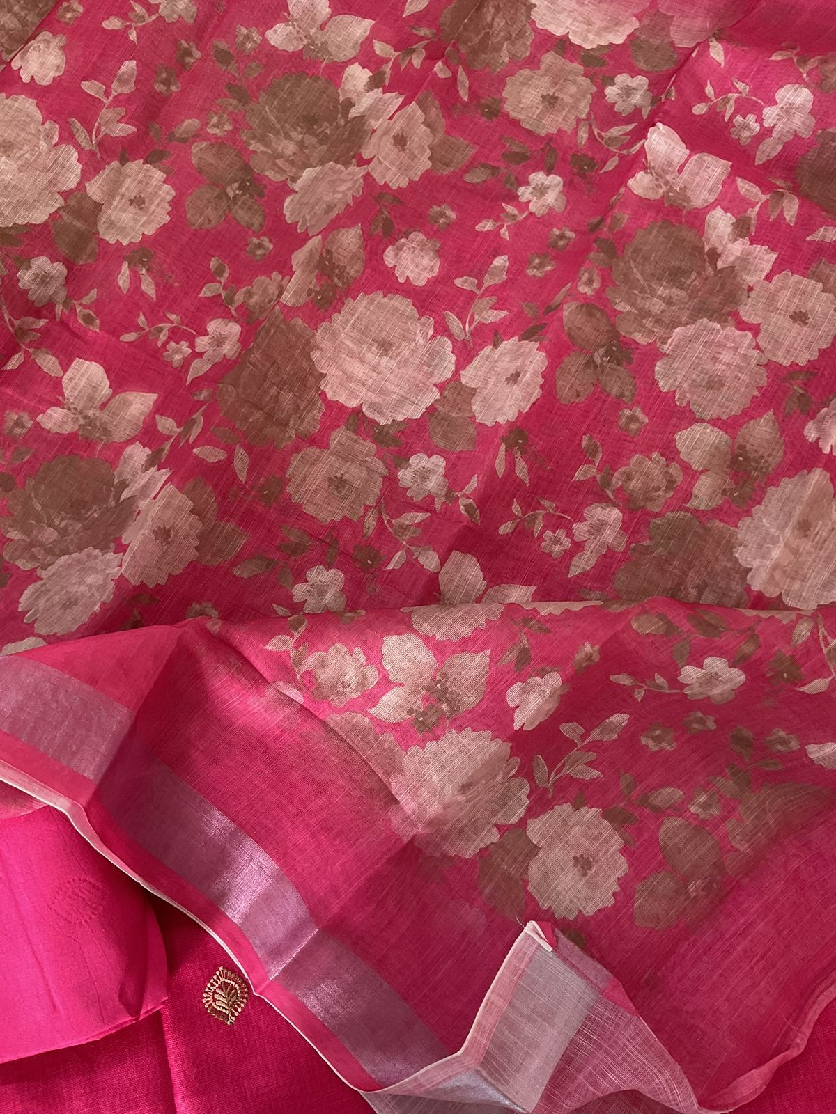 Soft Linen Jute Cotton Printed Embroidered Suit - Pink