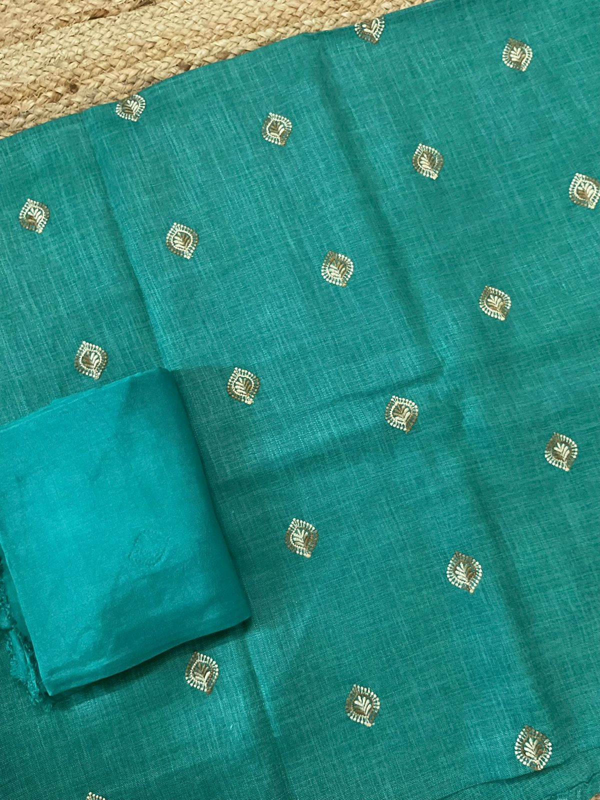 Soft Linen Jute Cotton Printed Embroidered Suit - Green