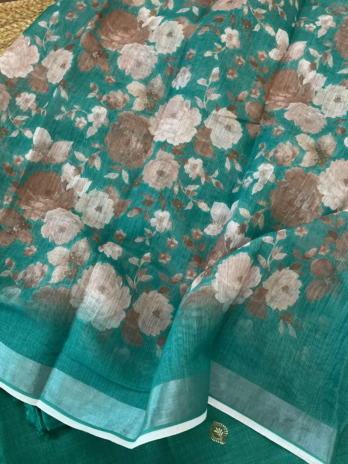 Soft Linen Jute Cotton Printed Embroidered Suit - Green