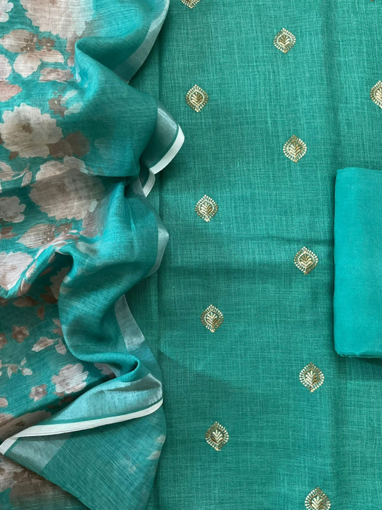 Image of Soft Linen Jute Cotton Printed Embroidered Suit - Green
