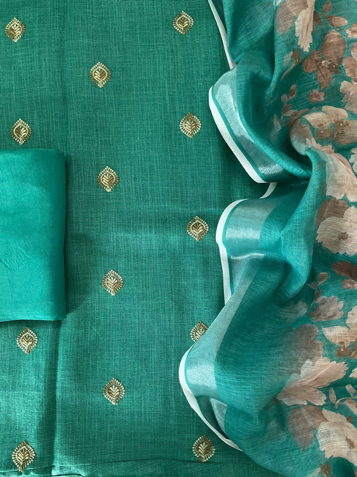 Soft Linen Jute Cotton Printed Embroidered Suit - Green