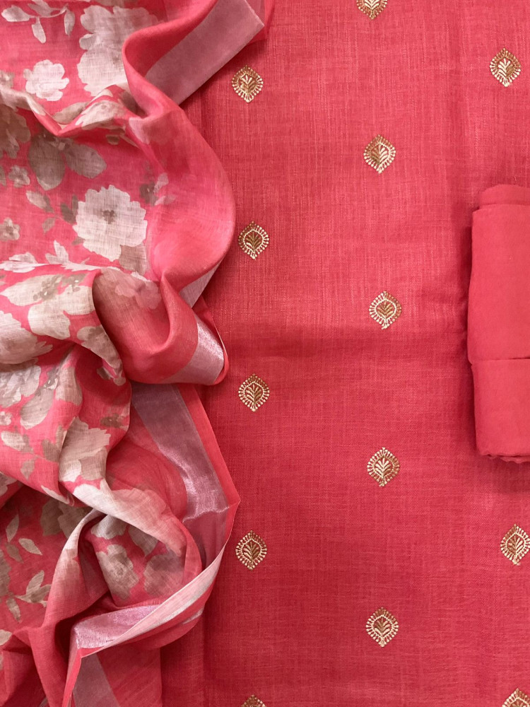 Image of Soft Linen Jute Cotton Printed Embroidered Suit - Red