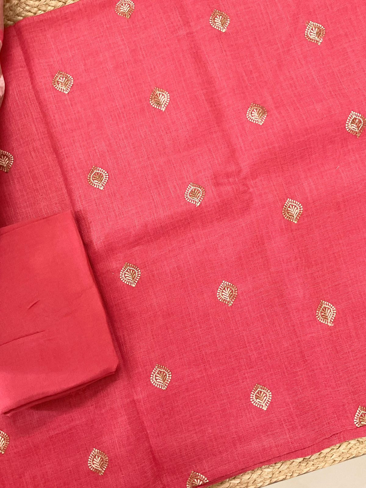 Soft Linen Jute Cotton Printed Embroidered Suit - Red