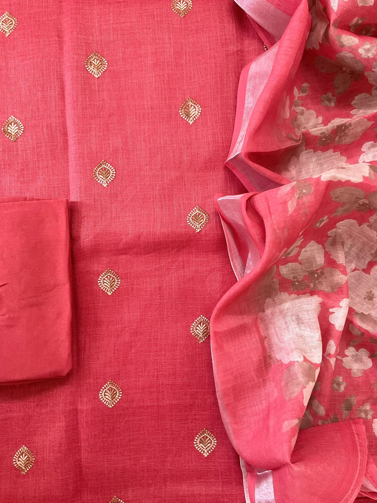 Soft Linen Jute Cotton Printed Embroidered Suit - Red