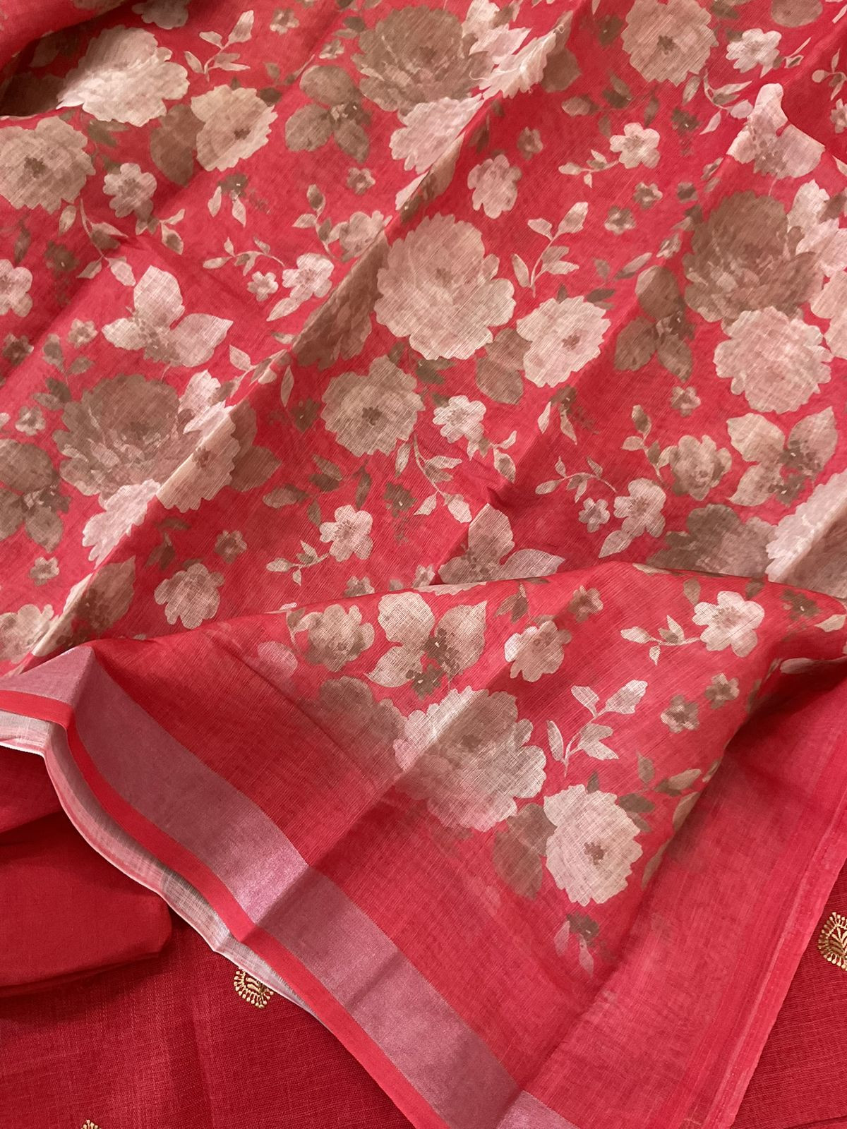 Soft Linen Jute Cotton Printed Embroidered Suit - Red