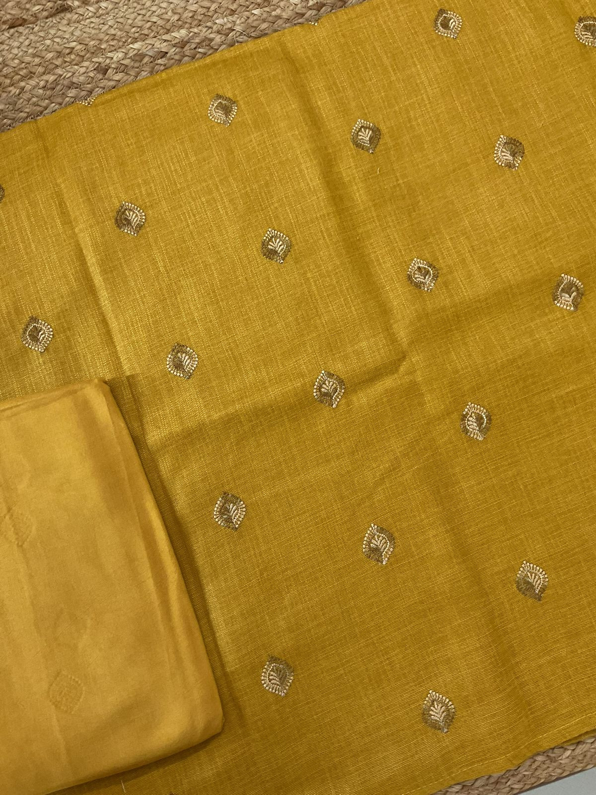 Soft Linen Jute Cotton Printed Embroidered Suit - Yellow