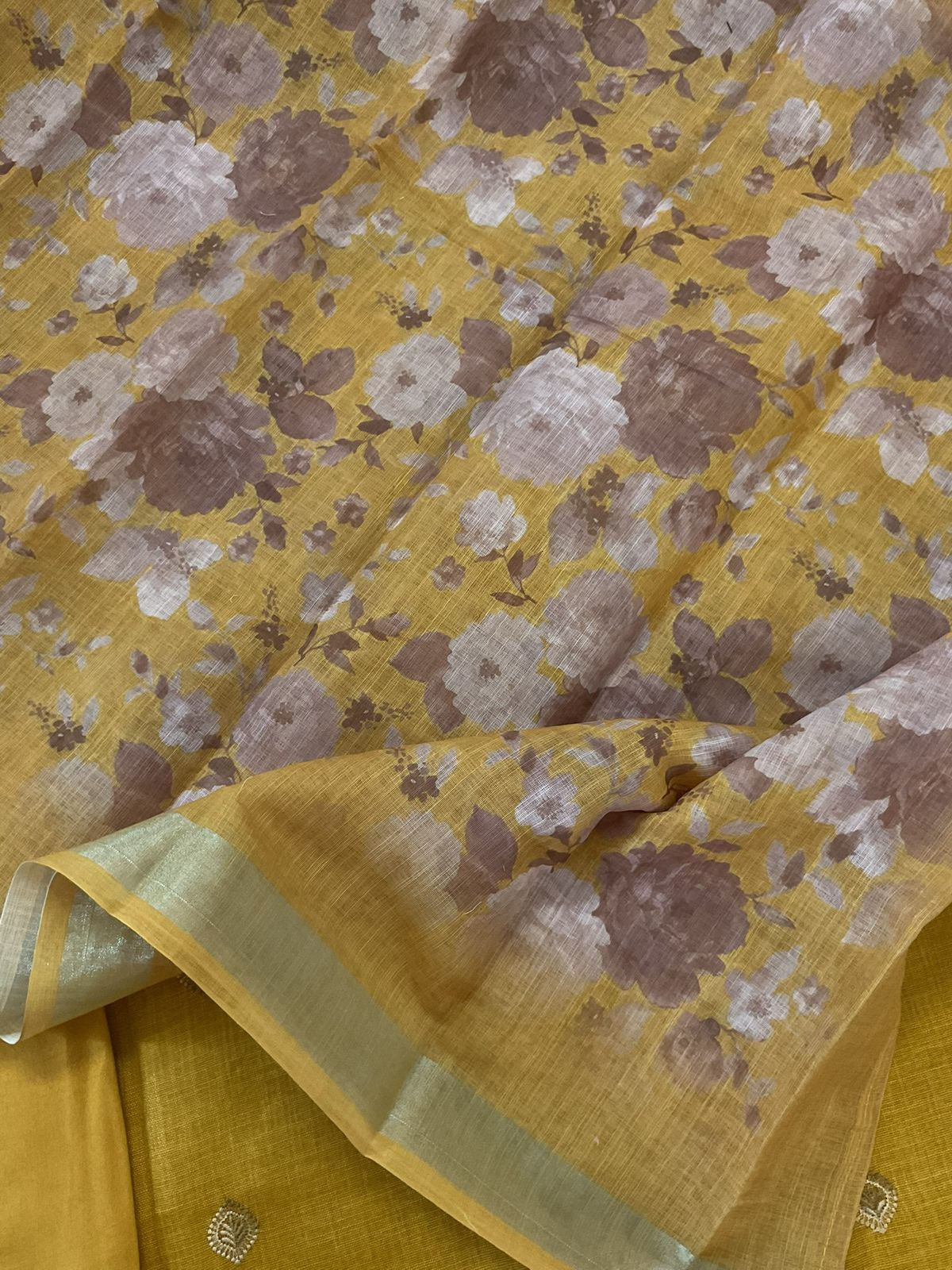 Soft Linen Jute Cotton Printed Embroidered Suit - Yellow