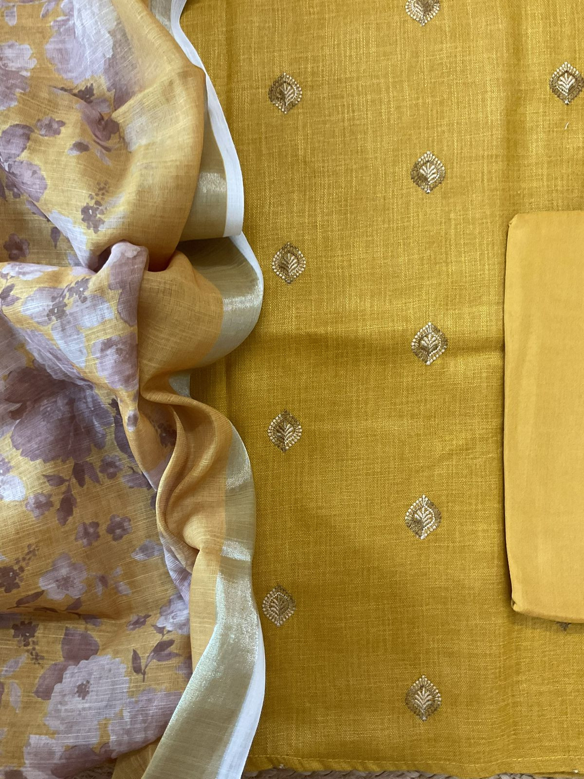 Soft Linen Jute Cotton Printed Embroidered Suit - Yellow