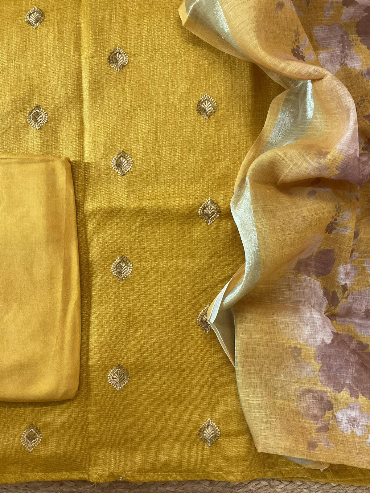 Soft Linen Jute Cotton Printed Embroidered Suit - Yellow