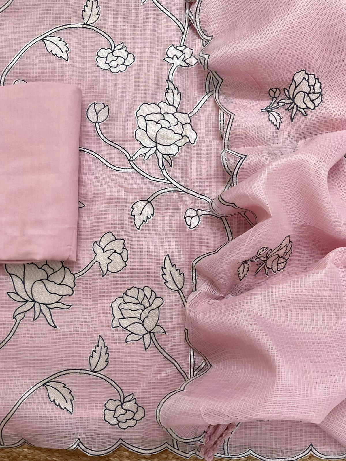 Soft Kota Silk Embroidered Suit - Pink