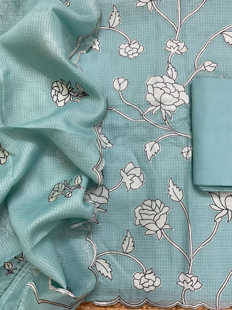 Image of Soft Kota Silk Embroidered Suit - Blue