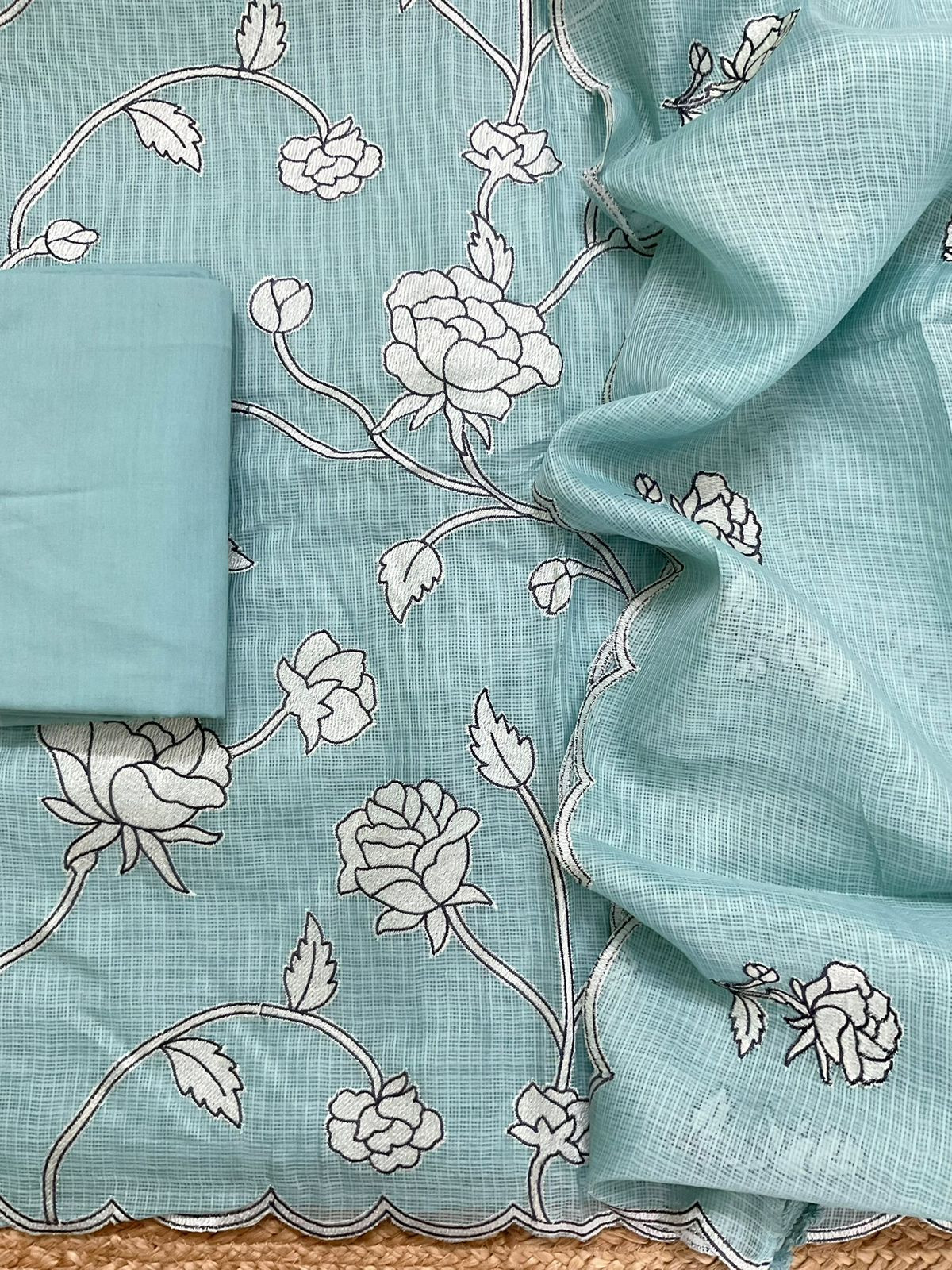 Soft Kota Silk Embroidered Suit - Blue