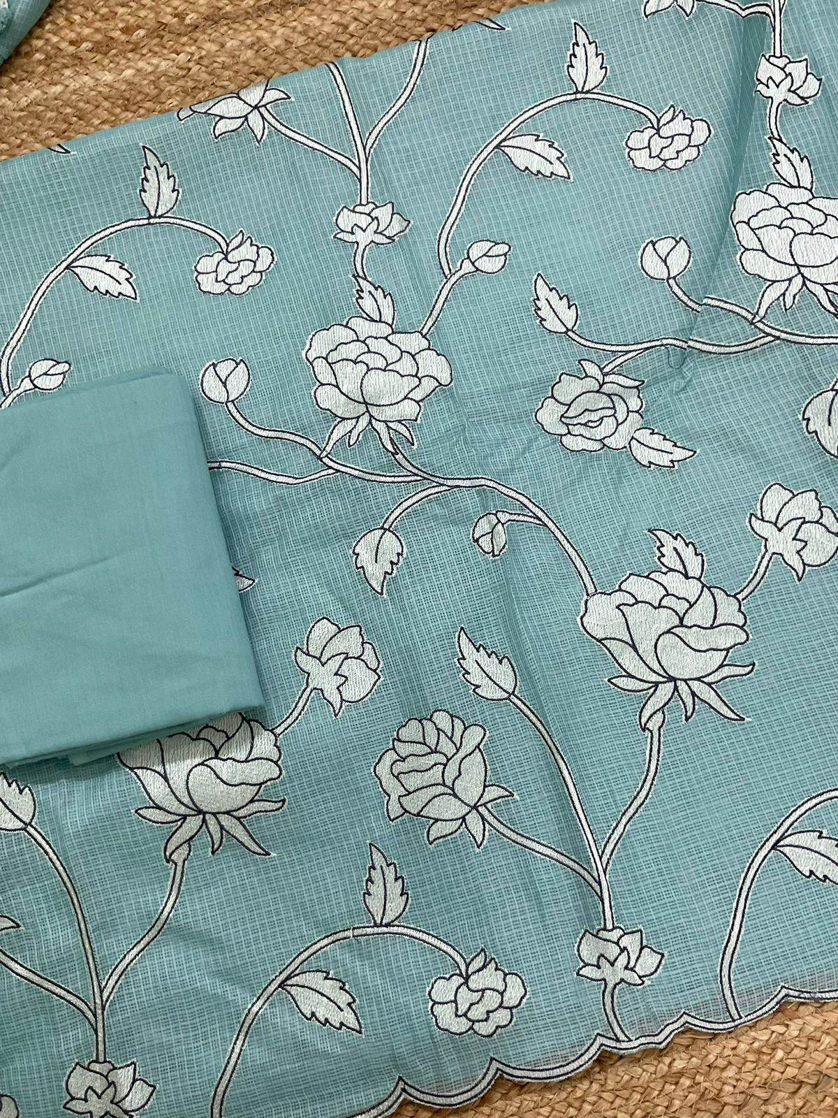 Soft Kota Silk Embroidered Suit - Blue