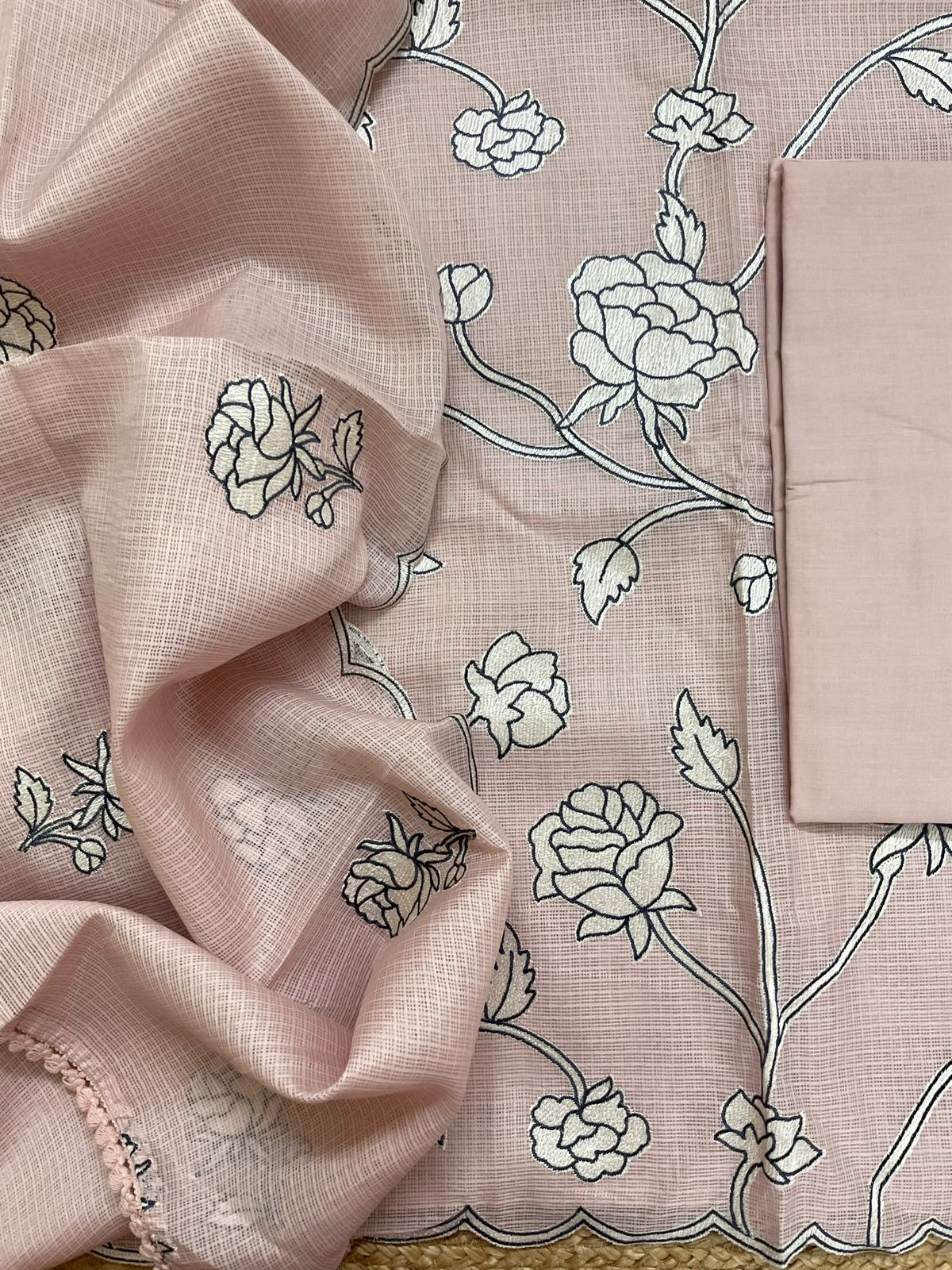 Soft Kota Silk Embroidered Suit - Peach