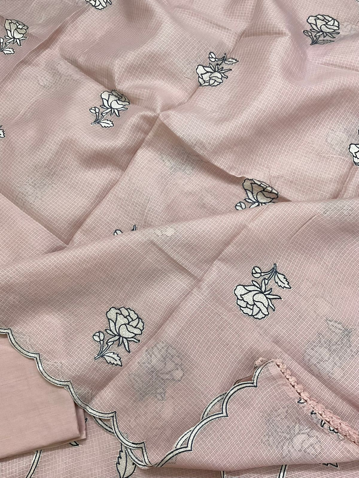 Soft Kota Silk Embroidered Suit - Peach