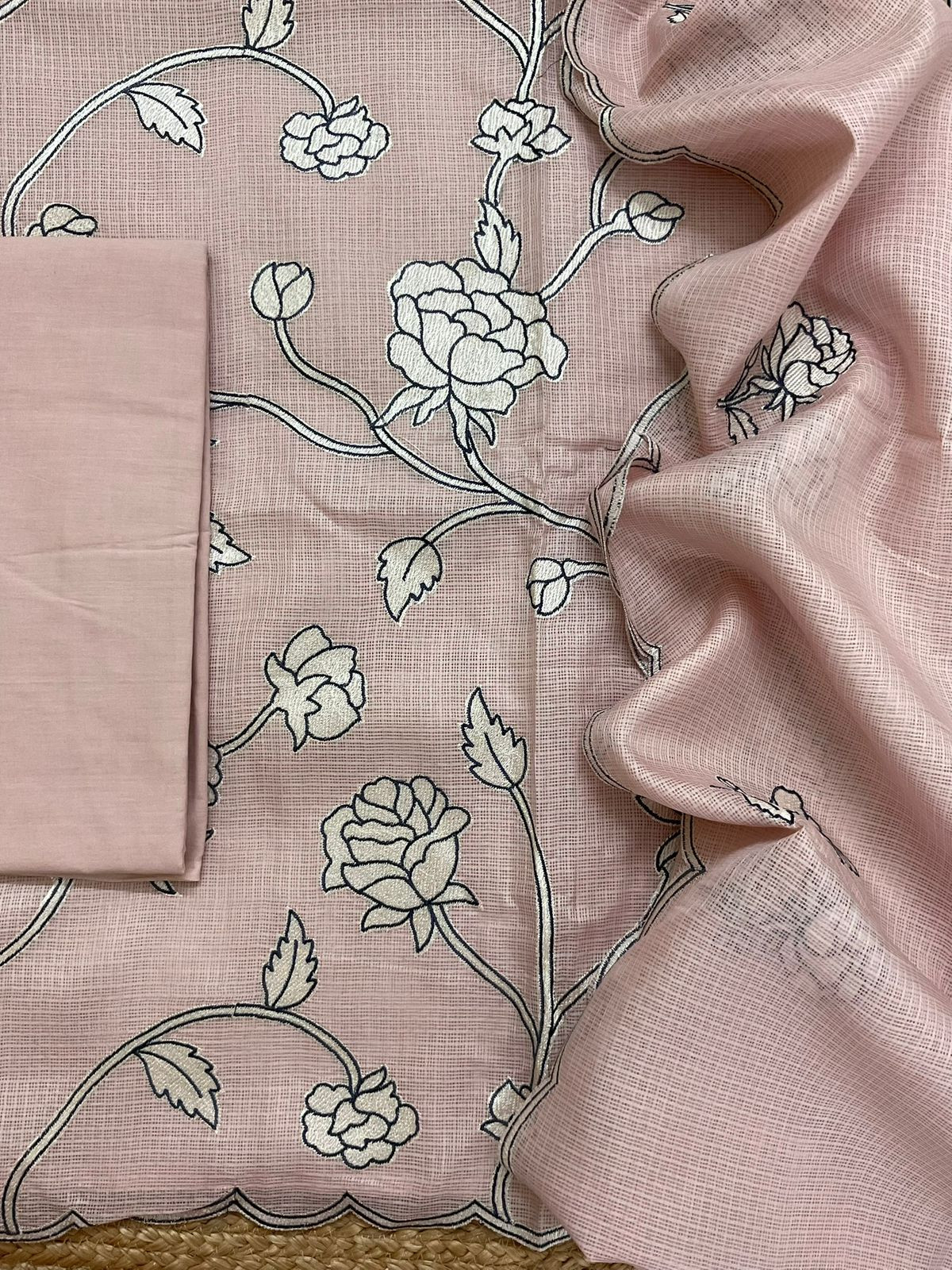 Soft Kota Silk Embroidered Suit - Peach