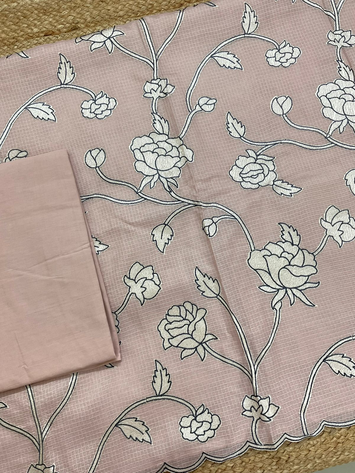 Soft Kota Silk Embroidered Suit - Peach