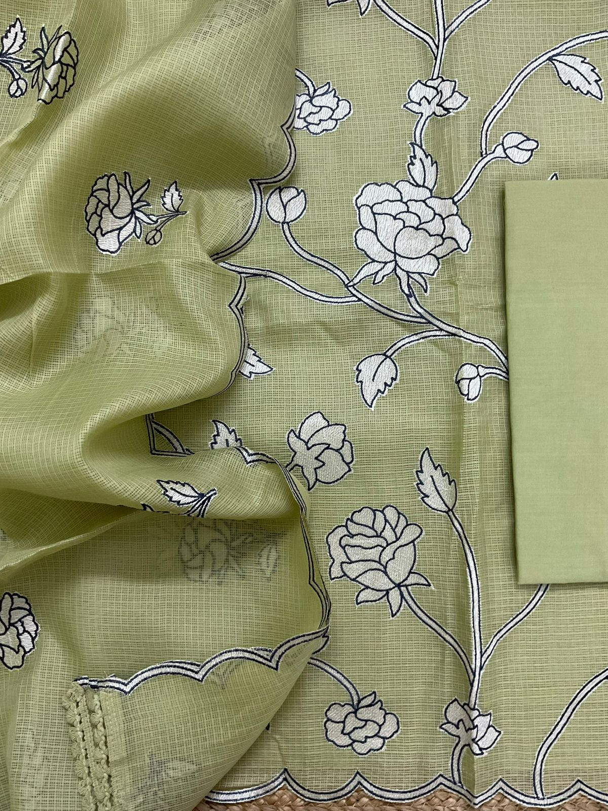 Soft Kota Silk Embroidered Suit - Green