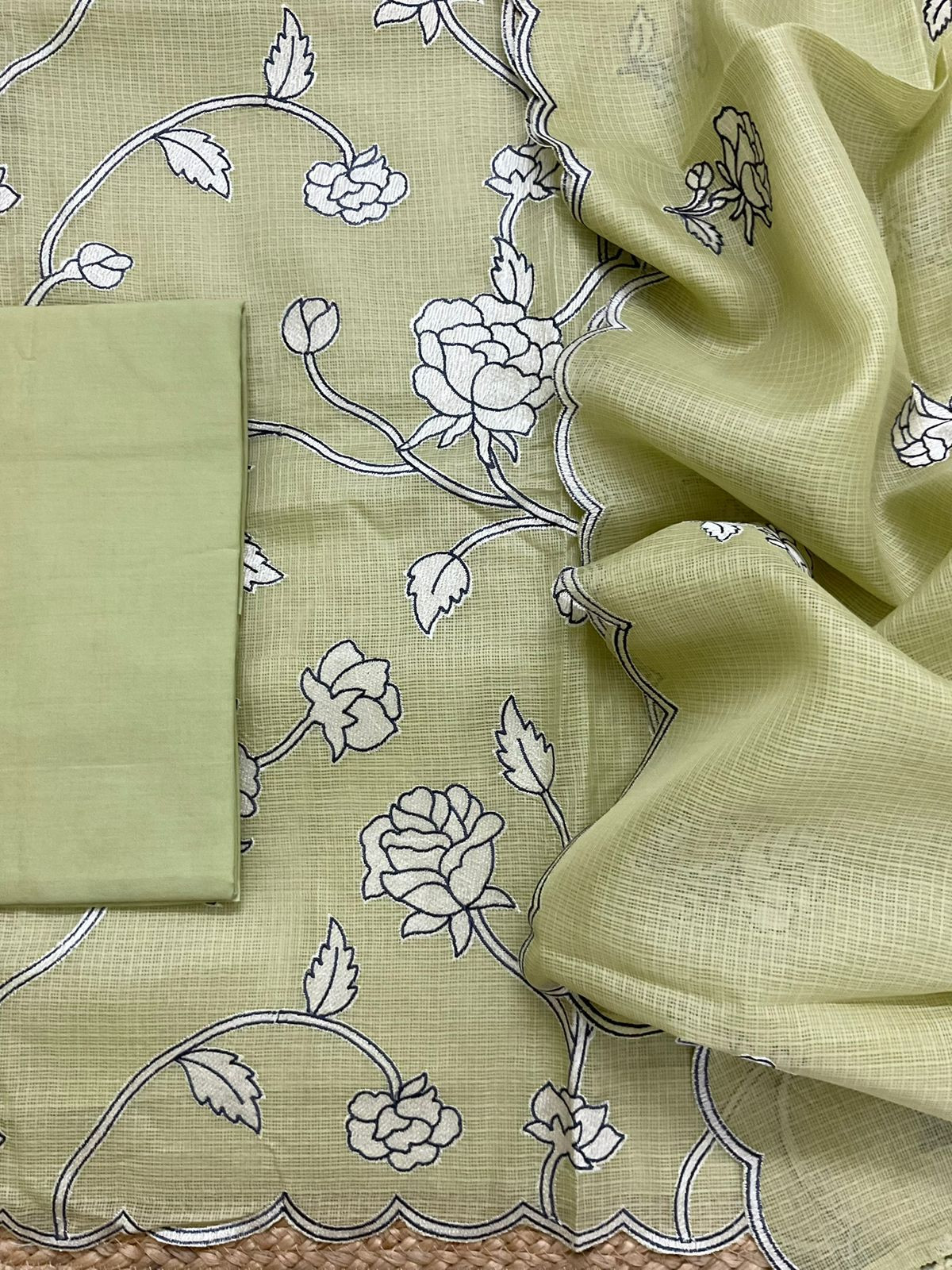 Soft Kota Silk Embroidered Suit - Green