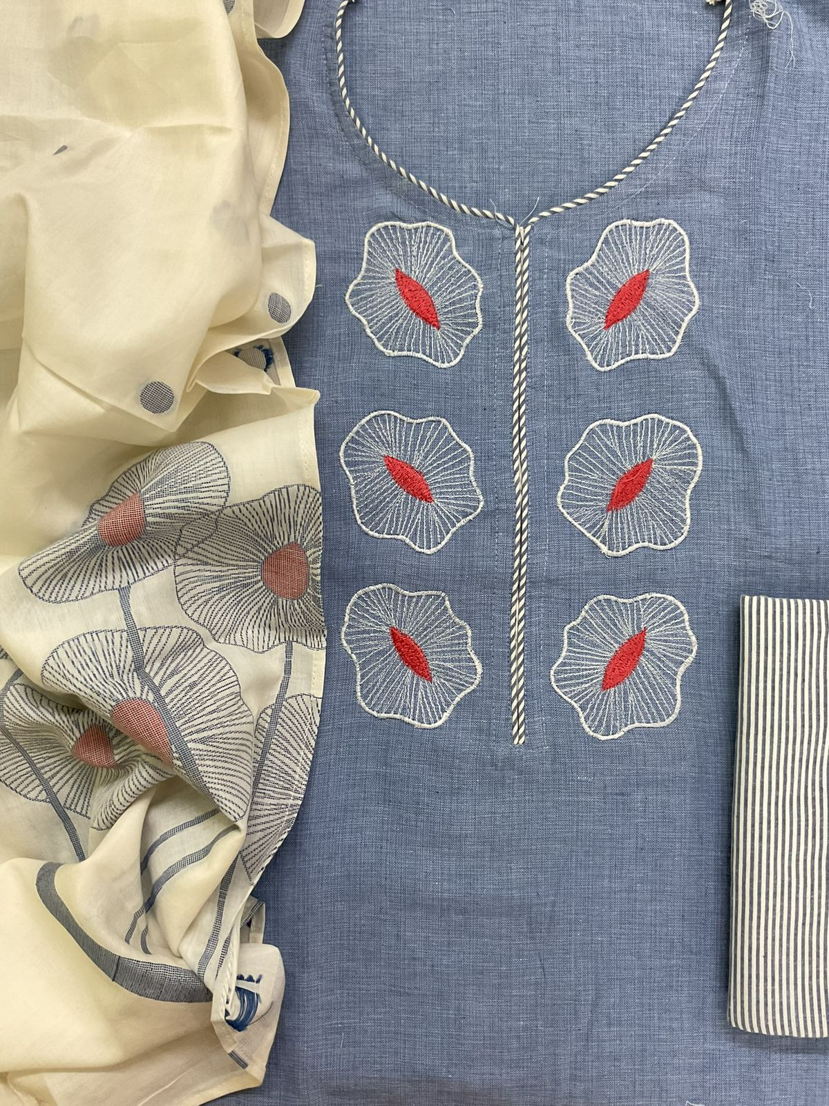 Pure Handloom Cotton Jamdani Weaved Embroidered Suit - Blue