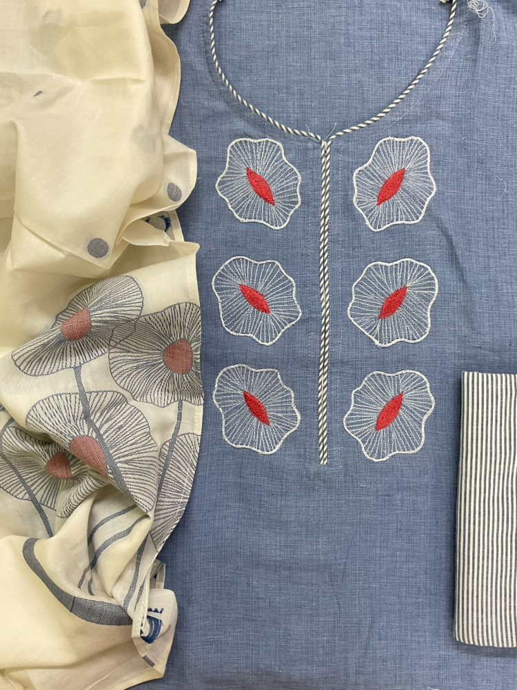 Image of Pure Handloom Cotton Jamdani Weaved Embroidered Suit - Blue