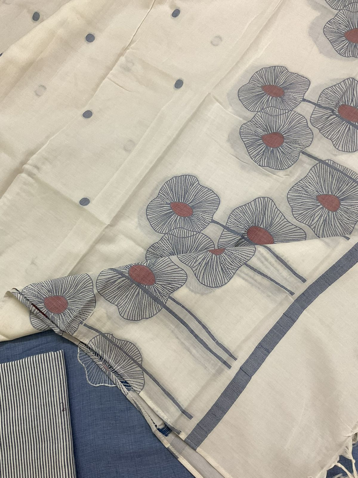 Pure Handloom Cotton Jamdani Weaved Embroidered Suit - Blue