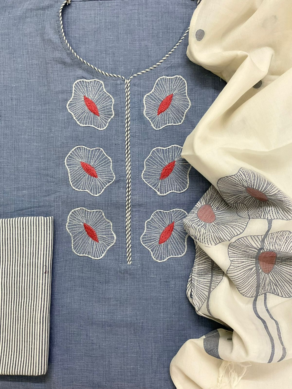 Pure Handloom Cotton Jamdani Weaved Embroidered Suit - Blue