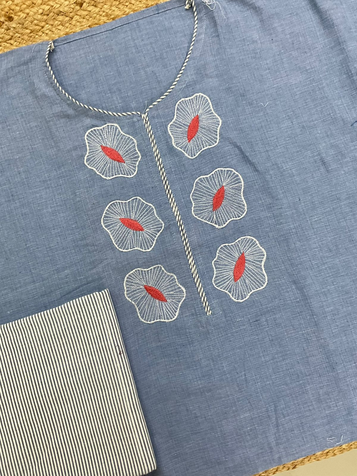 Pure Handloom Cotton Jamdani Weaved Embroidered Suit - Blue