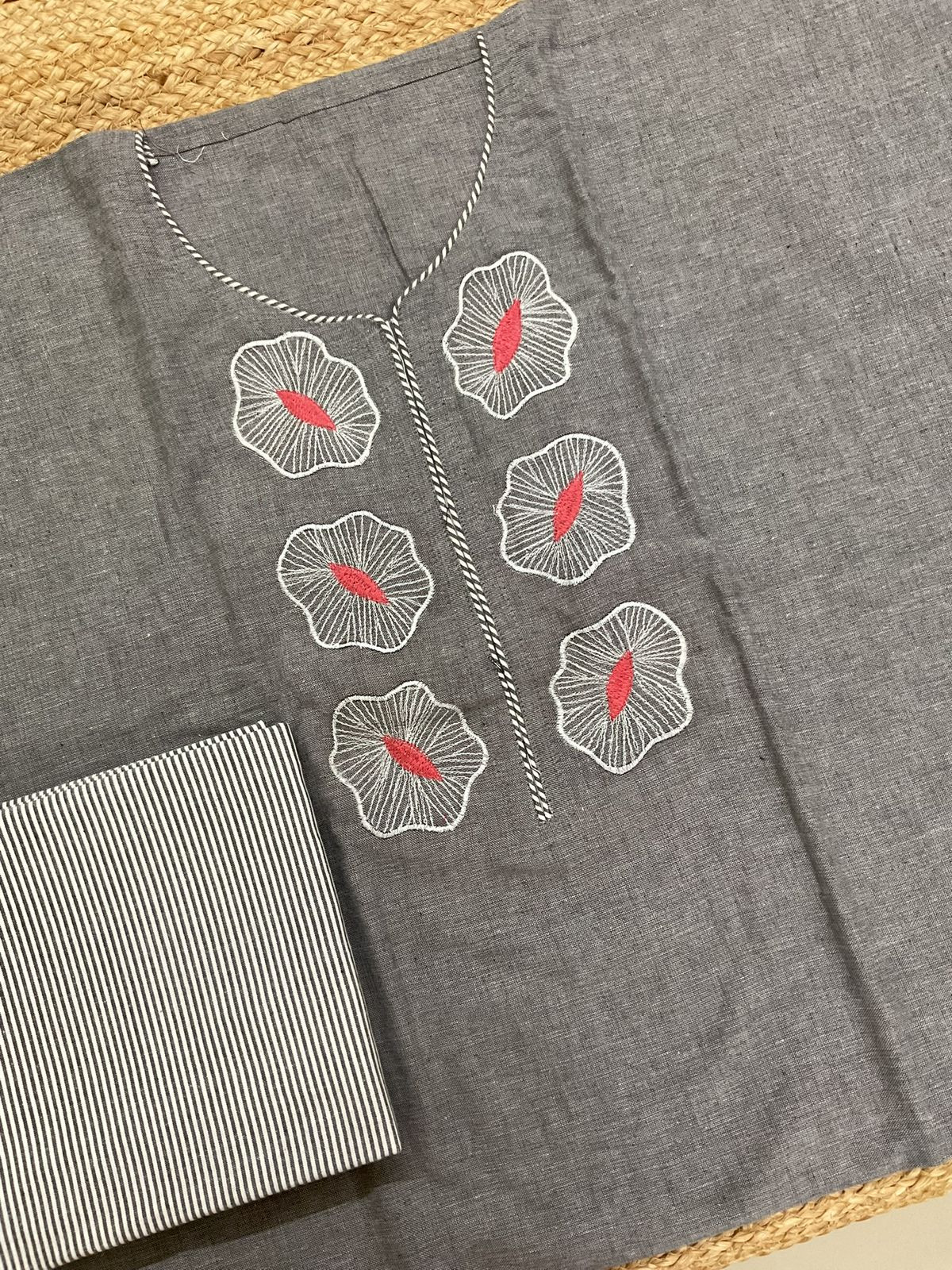 Pure Handloom Cotton Jamdani Weaved Embroidered Suit - Grey