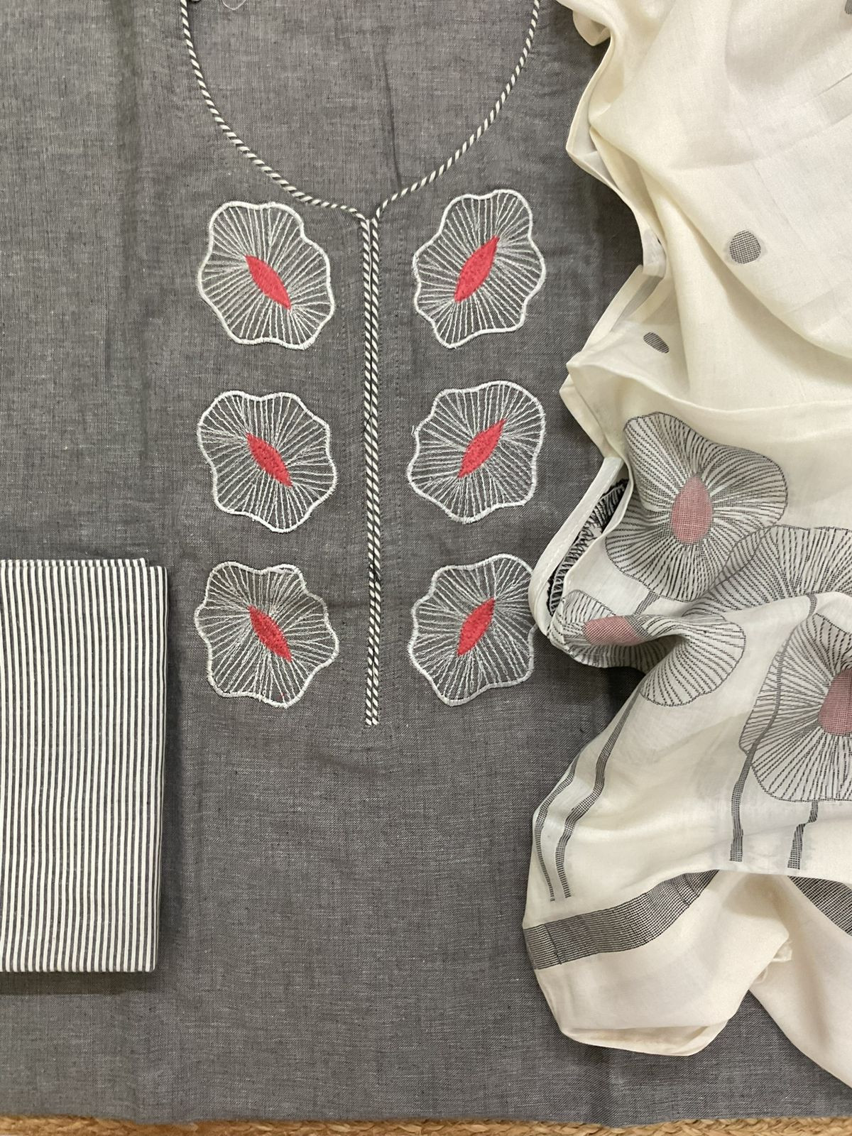 Pure Handloom Cotton Jamdani Weaved Embroidered Suit - Grey