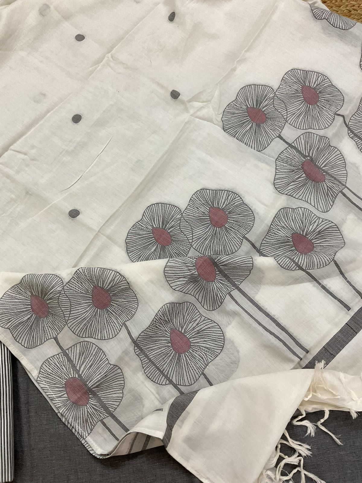 Pure Handloom Cotton Jamdani Weaved Embroidered Suit - Grey