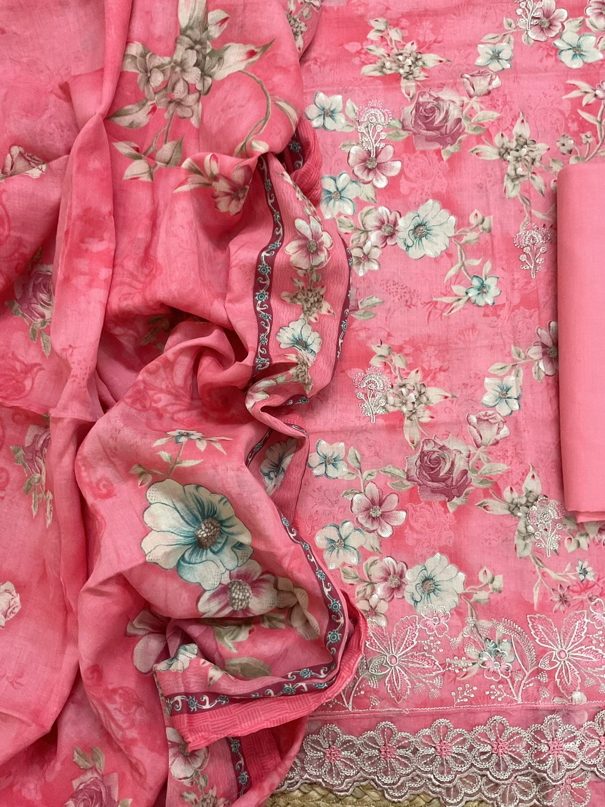 Pure Cotton Printed Embroidered Suit - Pink