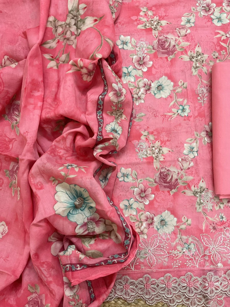 Image of Pure Cotton Printed Embroidered Suit - Pink