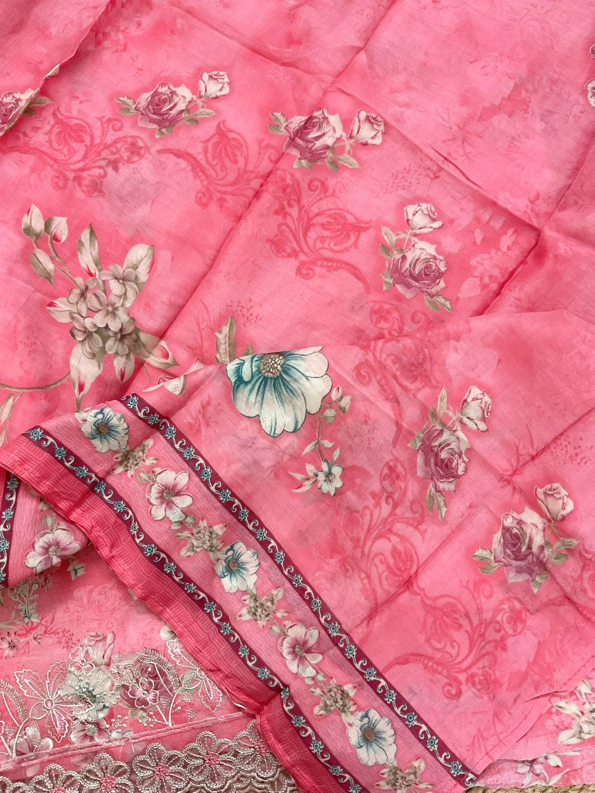 Pure Cotton Printed Embroidered Suit - Pink