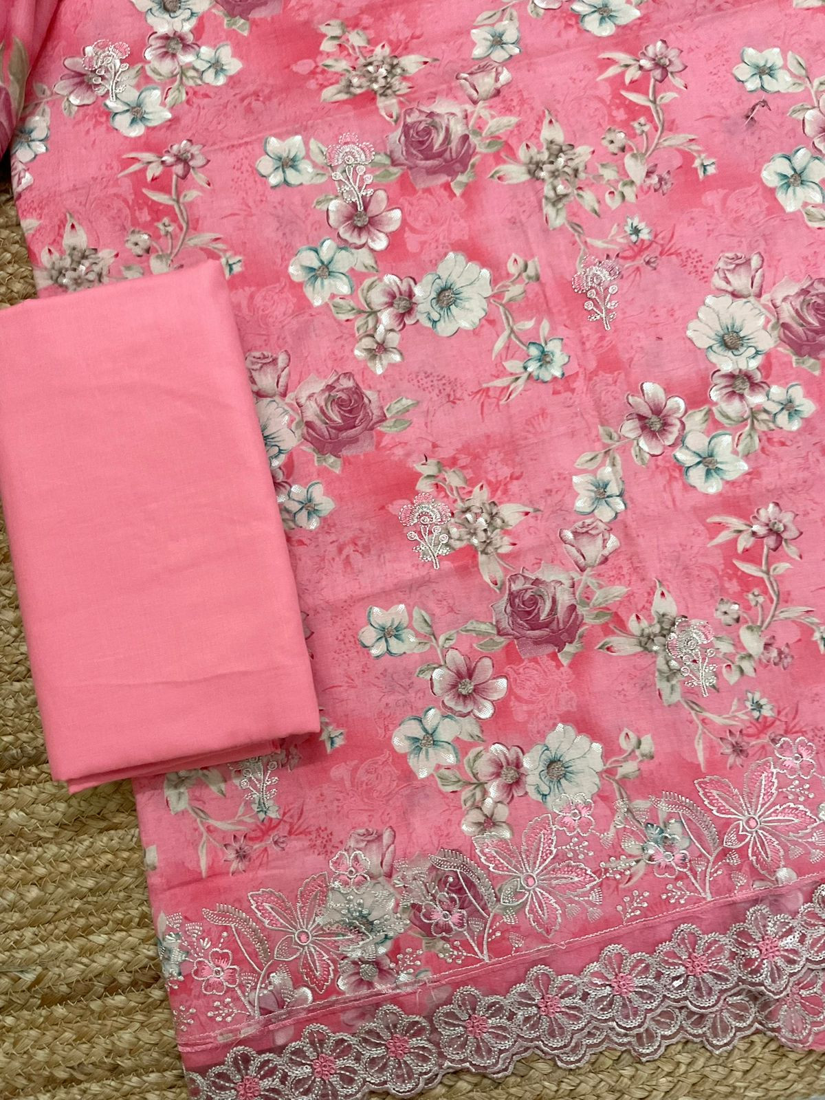 Pure Cotton Printed Embroidered Suit - Pink