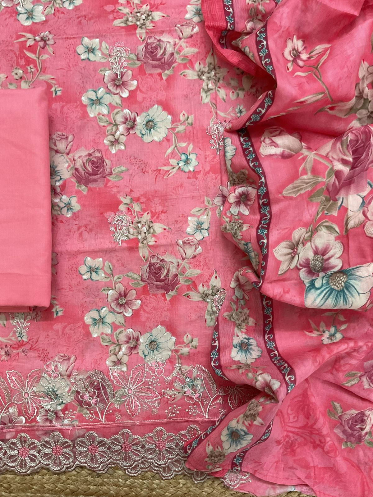 Pure Cotton Printed Embroidered Suit - Pink
