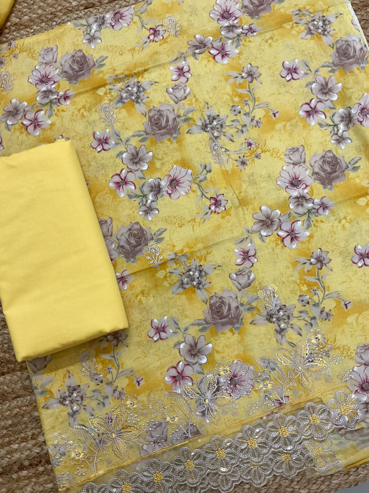 Pure Cotton Printed Embroidered Suit - Yellow