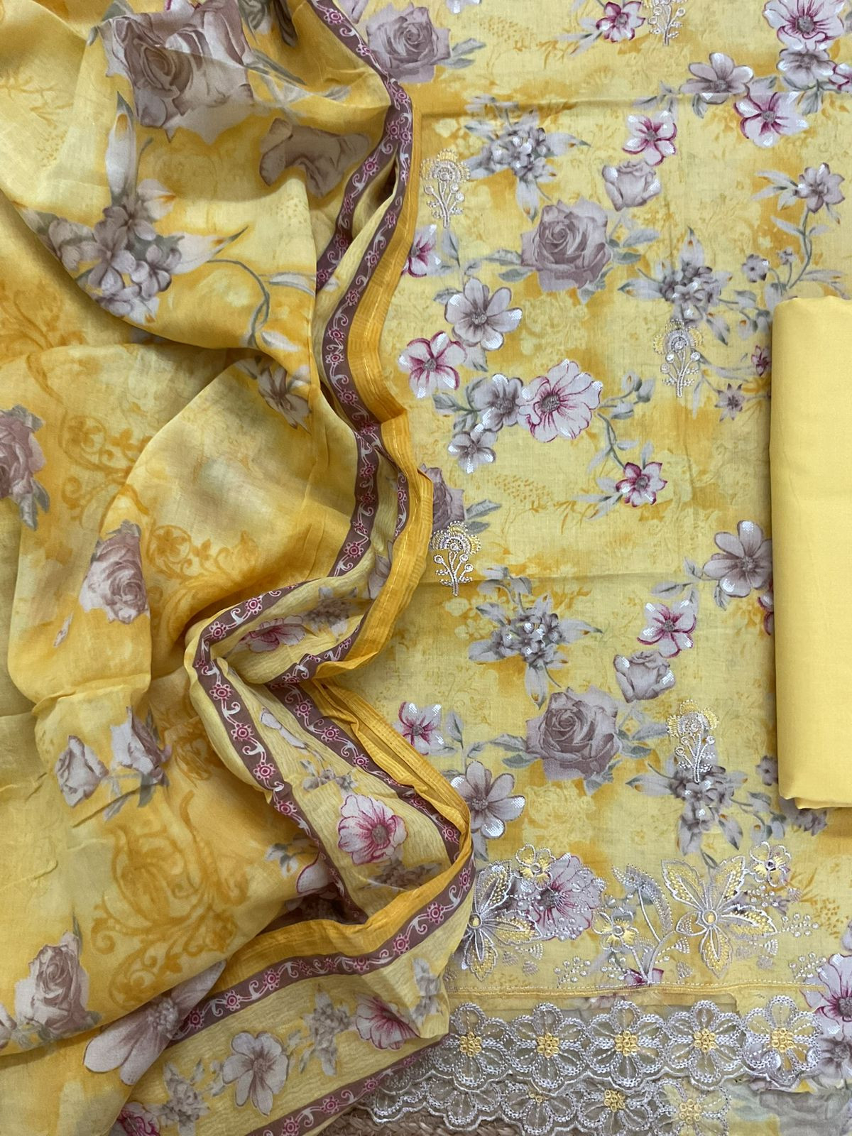 Pure Cotton Printed Embroidered Suit - Yellow