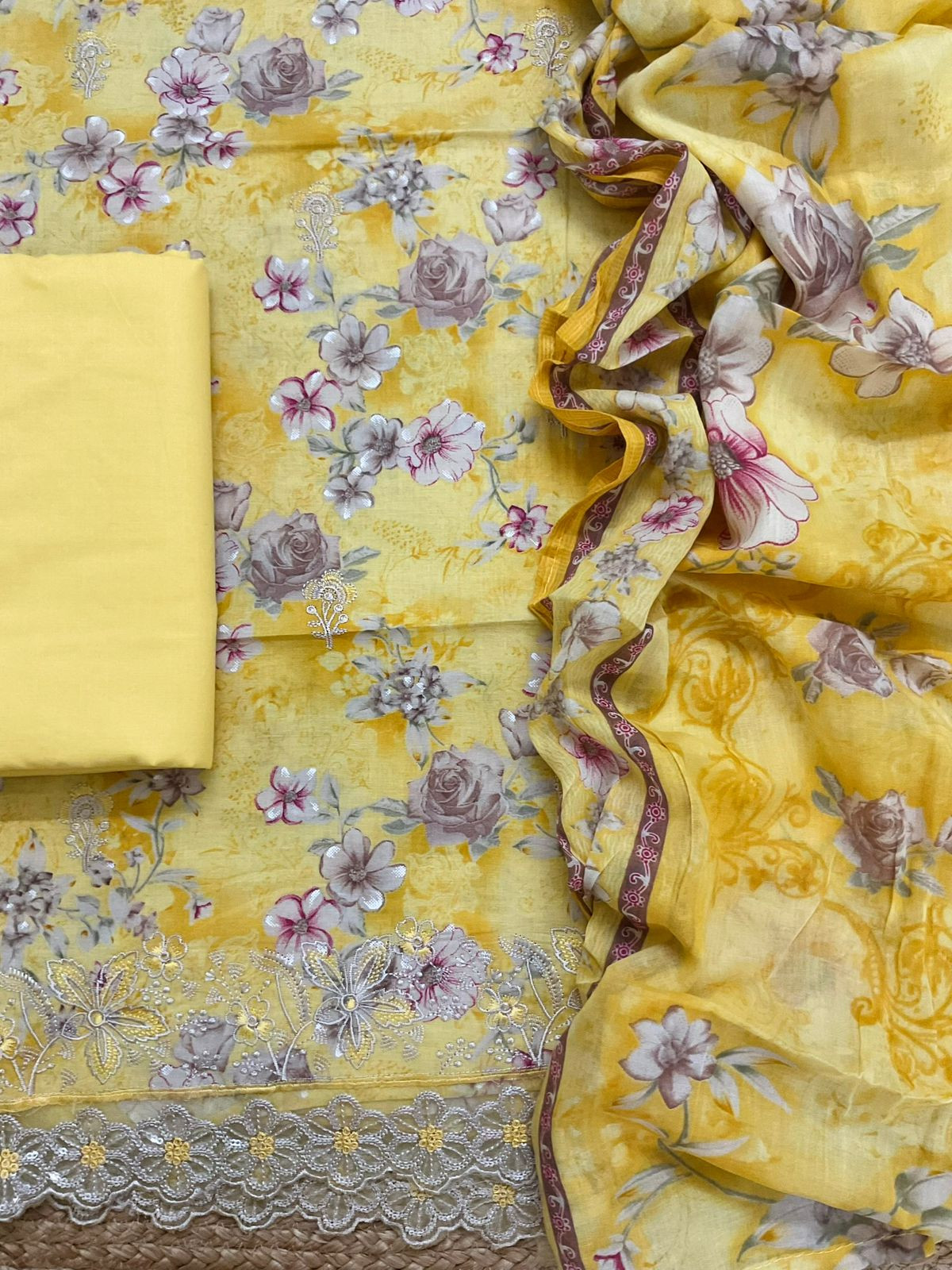 Pure Cotton Printed Embroidered Suit - Yellow