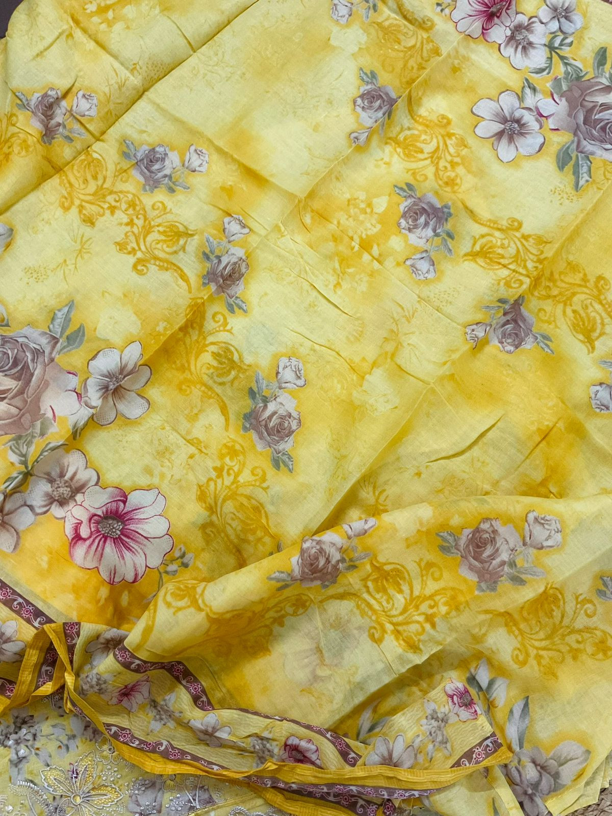 Pure Cotton Printed Embroidered Suit - Yellow